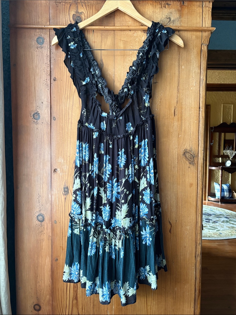 Free People Black Floral Backless Ruffle Dress with Blue and Cream Flowers